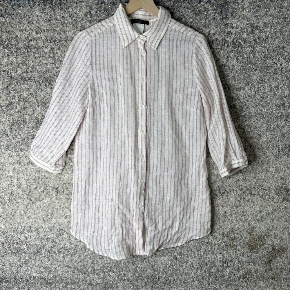 Weekend‎ Max Mara Shirt Womens 10 White Linen Striped Tunic Top 3/4 Sleeve